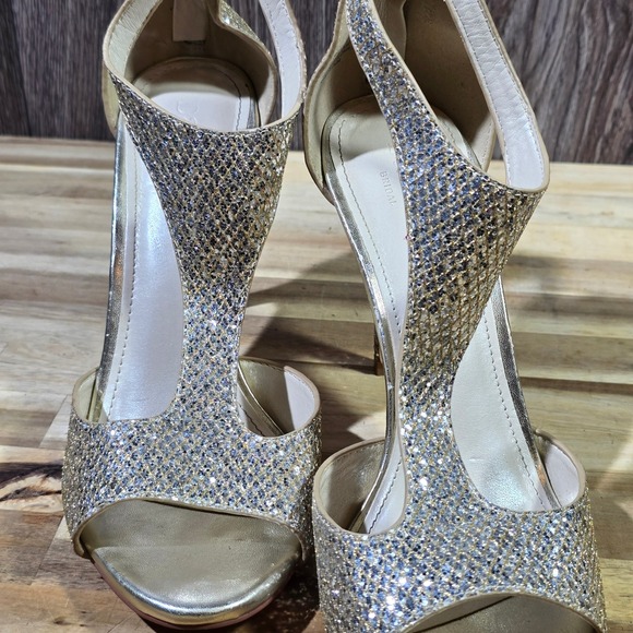 David's Bridal Heels Gold Silver Glitter Peep Toe Zip Back Formal Wedding Size 9 - Picture 10 of 11
